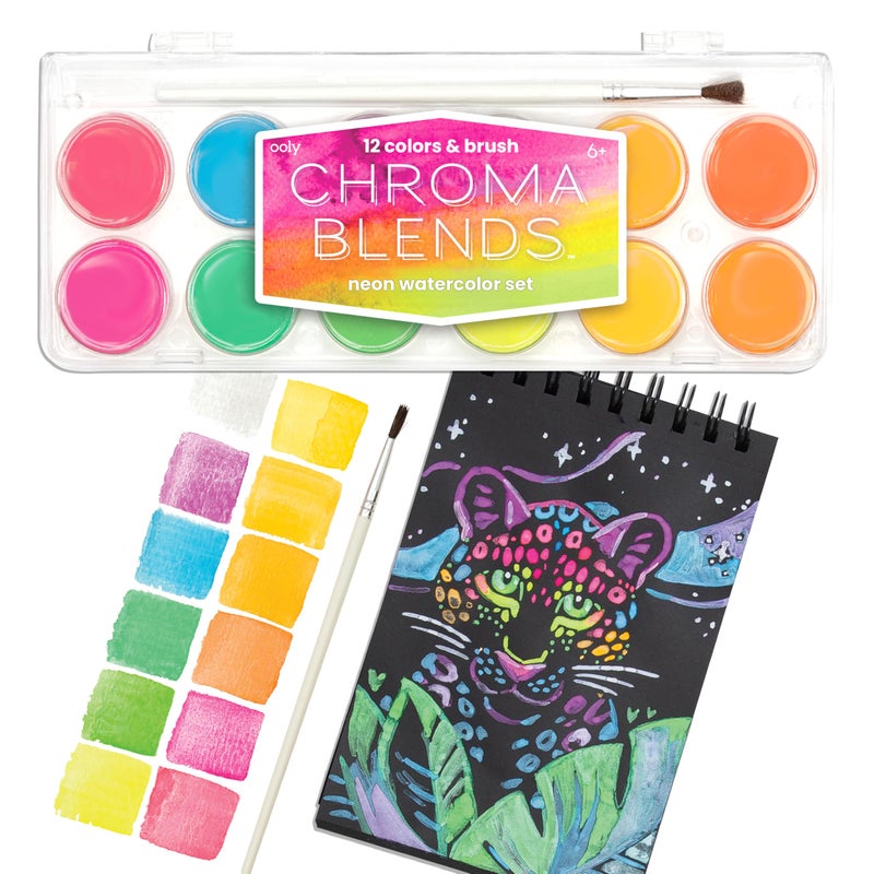 Ooly, Chroma Blends Neon Watercolor Paint Set, Watercolor Pack for Creative Kids and Adults, Bright Neon Colors in a Portable Case, Art Supplies for Ages 6 and Up, Brush Included - Image 1